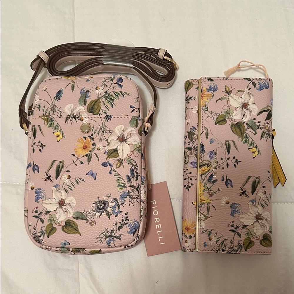 NWT Fiorelli Pink Floral Crossbody Bag and Wallet Set